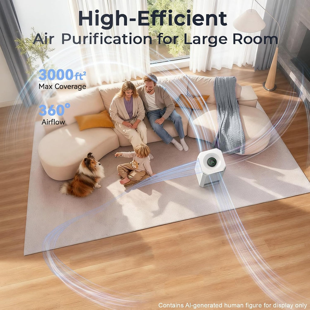 Afloia Purificador de aire y humidificador combinado en uno - Neblina fría evaporativa para el hogar, dormitorio, habitación grande de hasta 3000 pies², con sensor de humedad y calidad del aire
