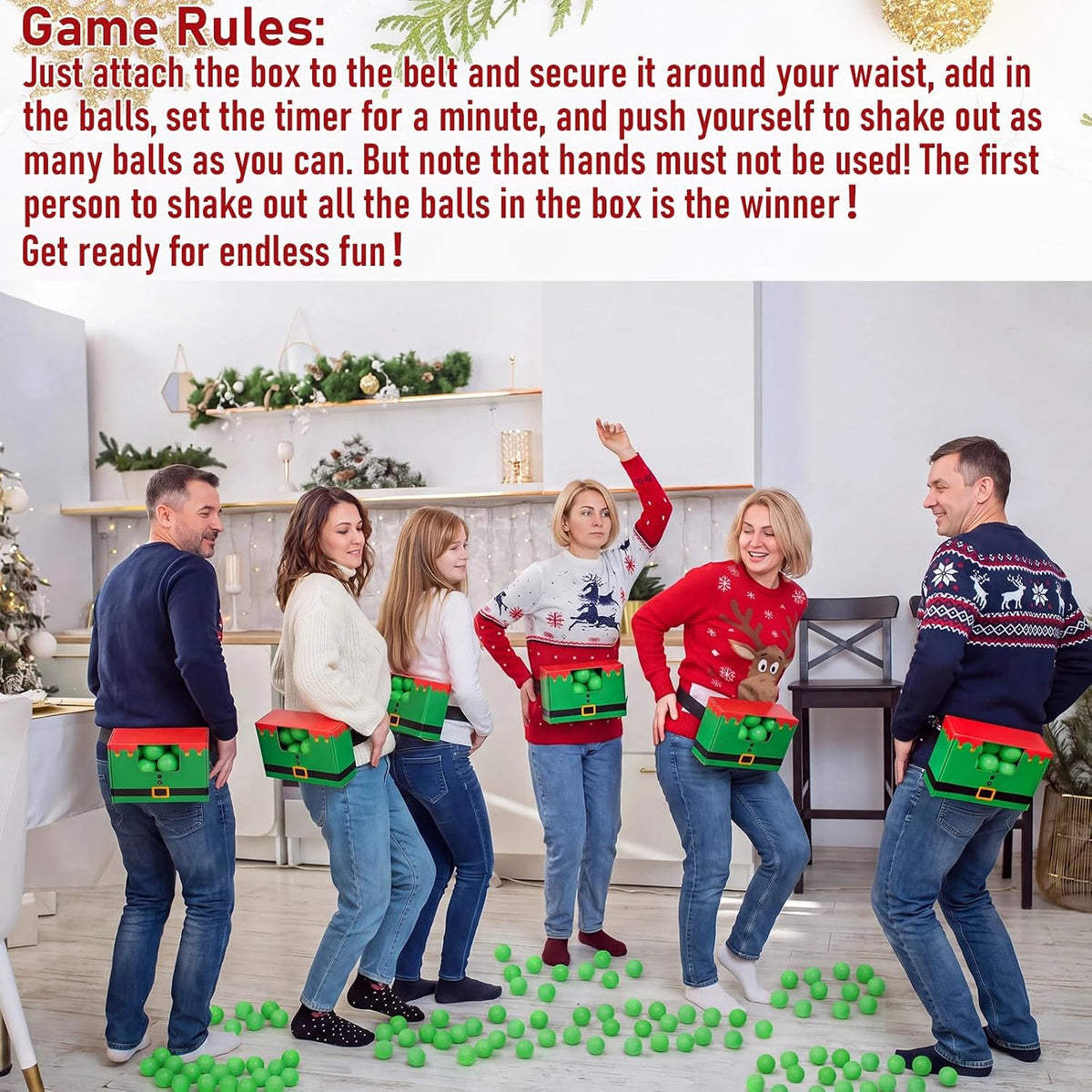 Halloscume 4 Juegos de Pelotas Navideñas Oscilantes y Temblorosas, Juego Navideño de Duende Novedoso Twerk, 40 Pelotas, Cinta, Cajas de Cartón, Juegos Divertidos de Fiesta para Familia, Grupos Grandes
