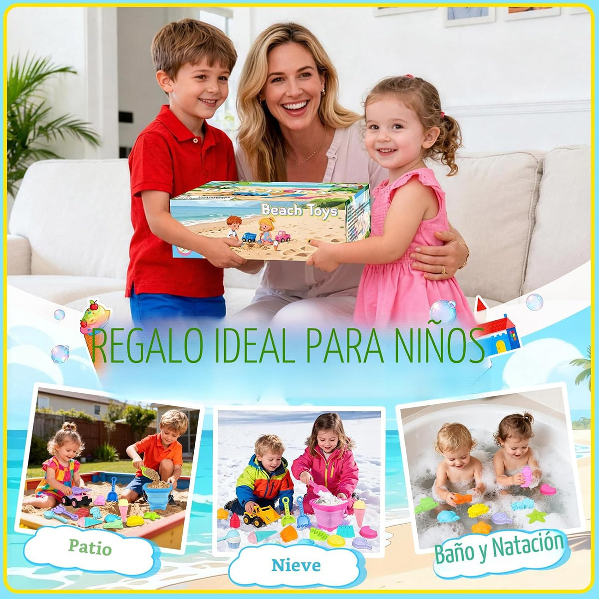 Juguetes de playa con 2 camiones, cubos plegables para niños de 3