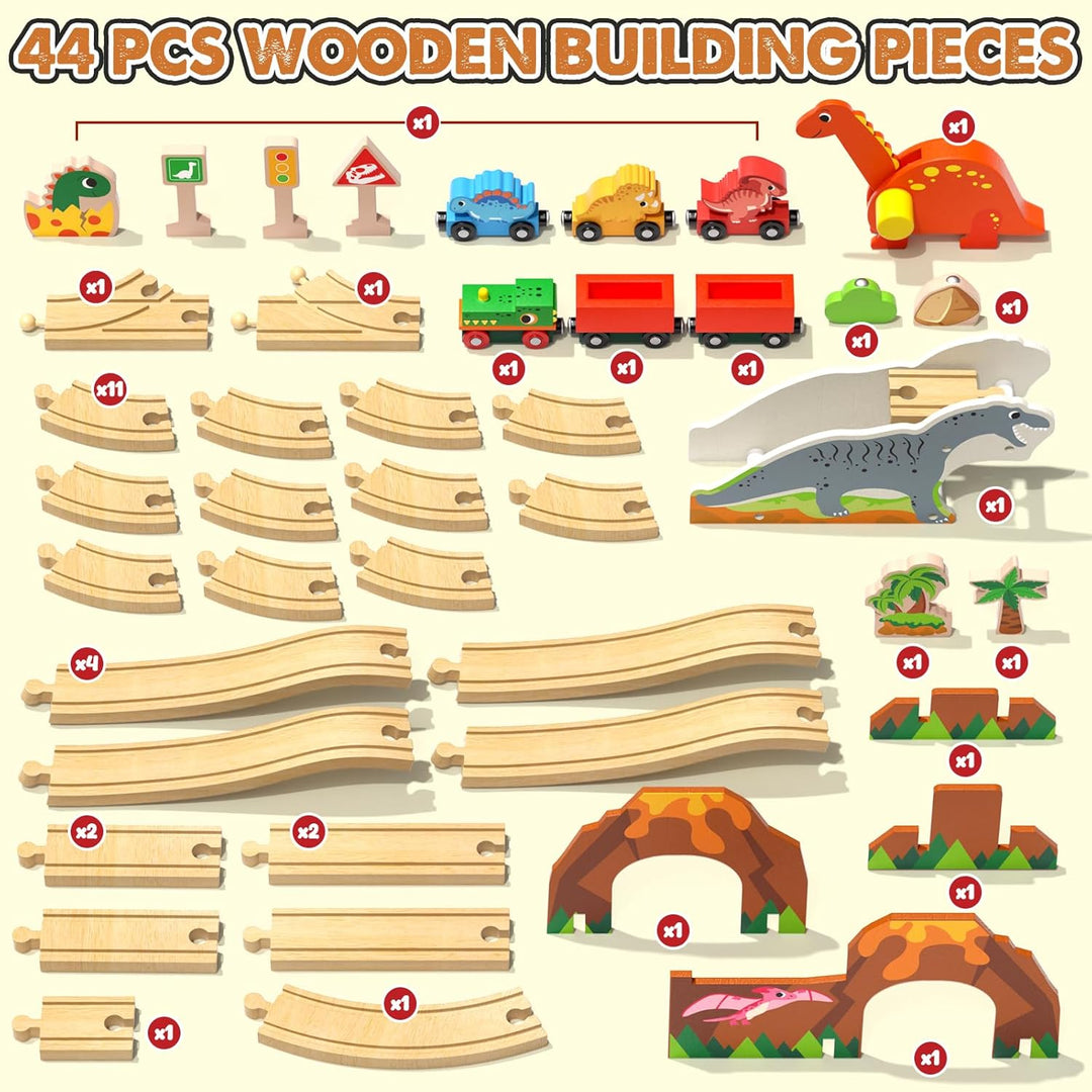 Lehoo Castle Set de Tren de Madera, Set de Pista de Tren de Dinosau...