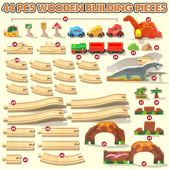Lehoo Castle Set de Tren de Madera, Set de Pista de Tren de Dinosau...