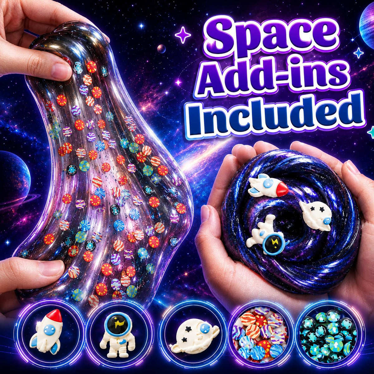 Kit de slime y masilla Galaxy para niños, 6 frascos de tamaño completo, 3 x 4 onzas líquidas de slime cósmico y 3 masillas que cambian de color de 3.2 onzas con complementos espaciales