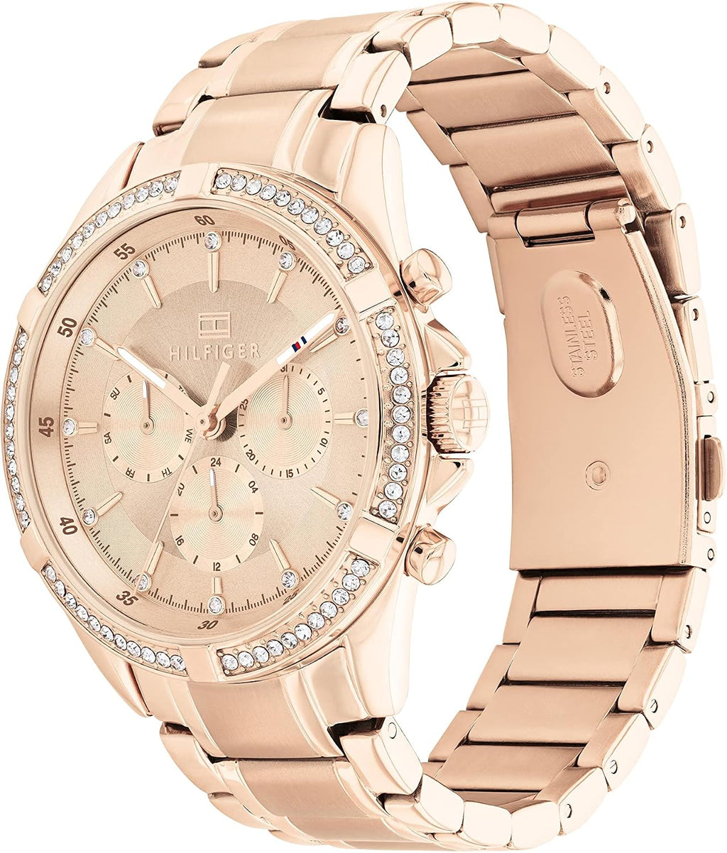 Tommy Hilfiger Reloj deportivo de acero inoxidable para mujer con bisel de cristal, esfera texturizada y pulsera de eslabones - Regalo elegante para ella
