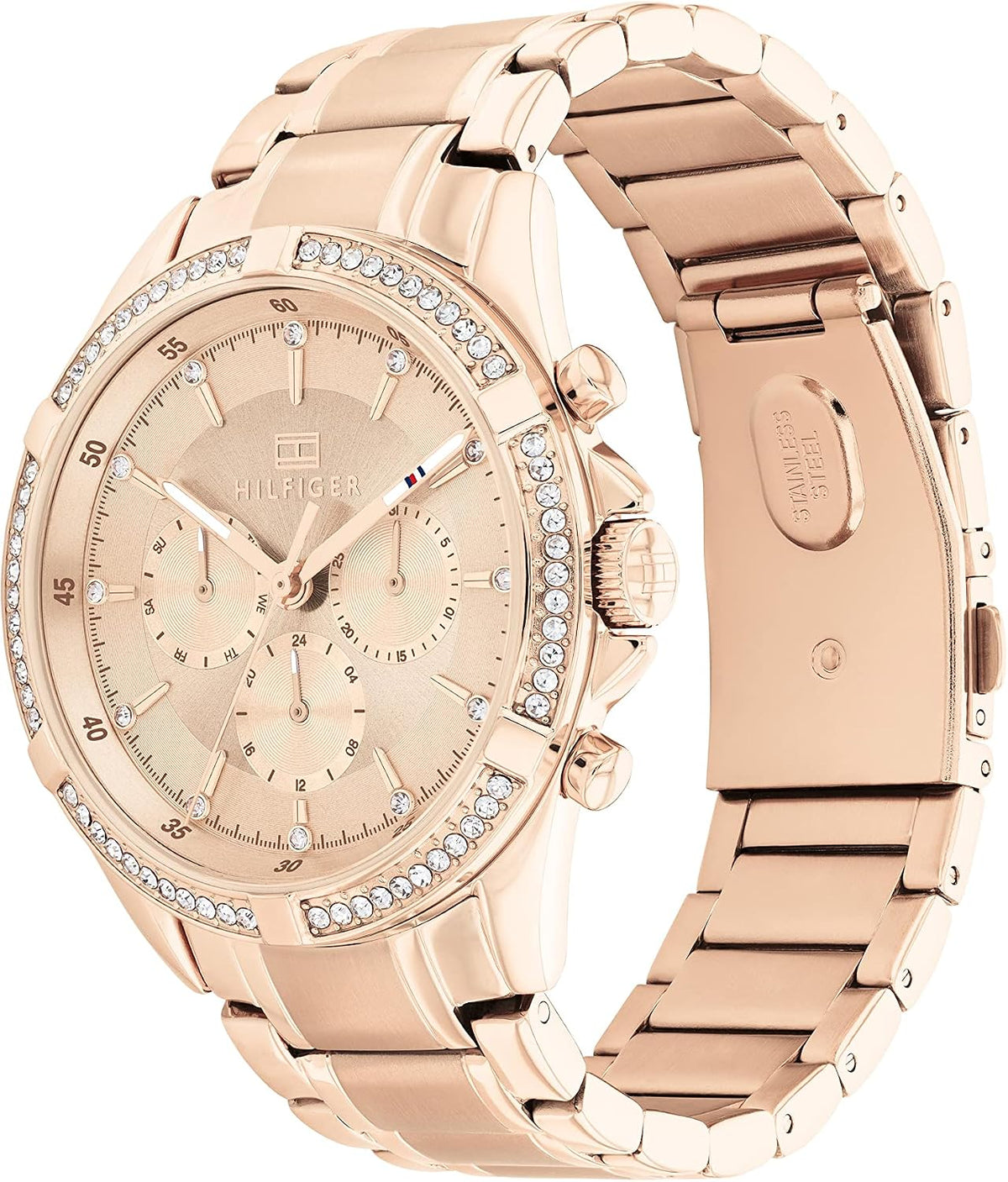 Tommy Hilfiger Reloj deportivo de acero inoxidable para mujer con bisel de cristal, esfera texturizada y pulsera de eslabones - Regalo elegante para ella
