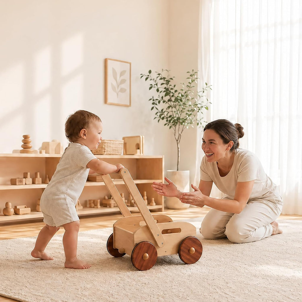 Woodtoe Andador de madera para bebés, caminante de empuje para bebés de velocidad ajustable, juguetes Montessori para bebés que aprenden a caminar, juguetes educativos para caminar, regalo para niños