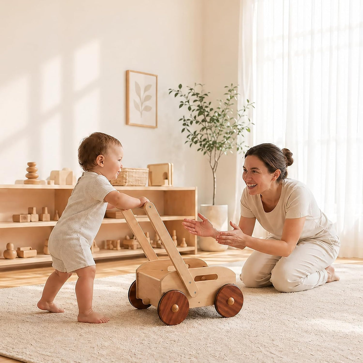 Woodtoe Andador de madera para bebés, caminante de empuje para bebés de velocidad ajustable, juguetes Montessori para bebés que aprenden a caminar, juguetes educativos para caminar, regalo para niños