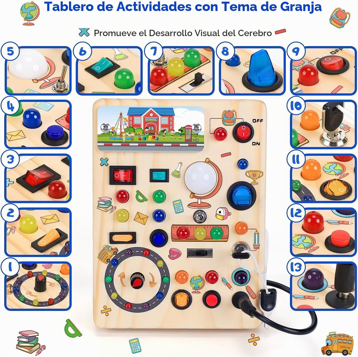 Tablero de actividades con interruptores de luz LED, juguetes Montessori para niños de 1, 2, 3 años, tablero de actividades sensoriales de madera para niños pequeños, juguetes de viaje para niños y