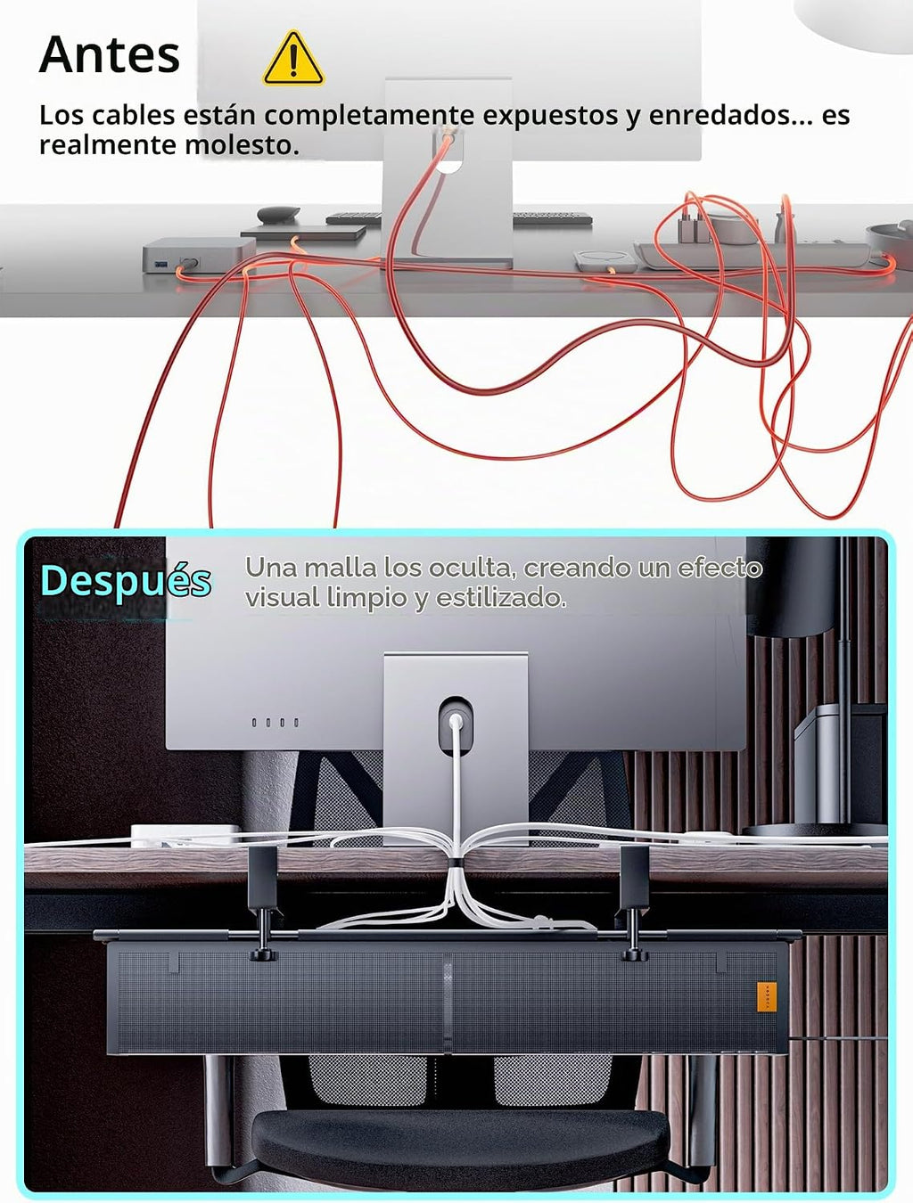 Bandeja de organización de cables para debajo del escritorio, sin taladro, bridas incluidas, material de lona ecológico, diseño de malla para disipación de calor, organizador de cables/almacenamiento