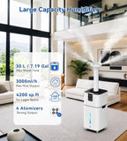 Humidificador comercial de 30L/7.93 galones para habitación grande 4200 sq ft, 3000mL/h Humidificadores para toda la casa con niebla fría supersized, silenciosos para dormitorio, hogar, oficina, plantas, almacén