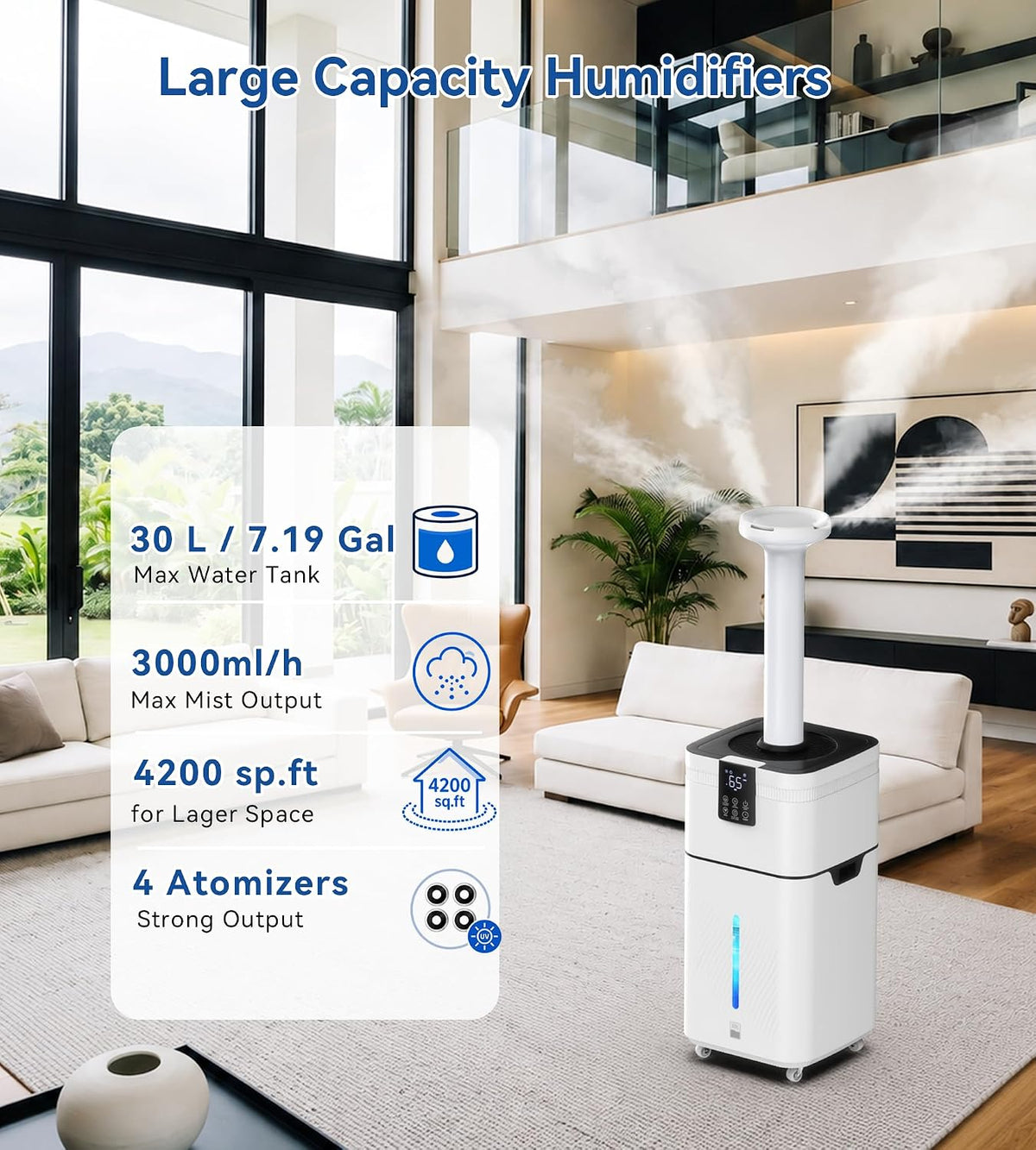 Humidificador comercial de 30L/7.93 galones para habitación grande 4200 sq ft, 3000mL/h Humidificadores para toda la casa con niebla fría supersized, silenciosos para dormitorio, hogar, oficina, plantas, almacén