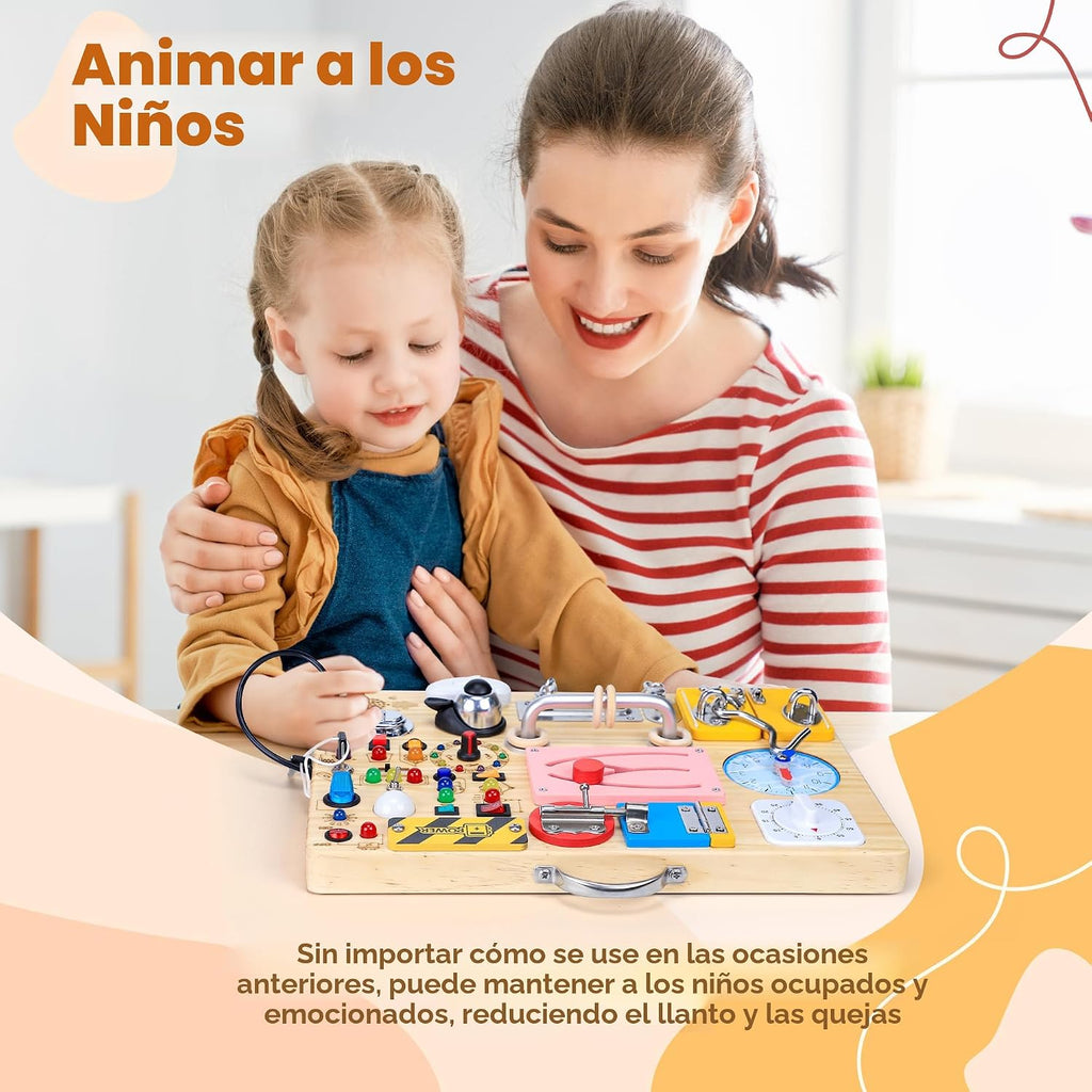 Tablero de actividades 25 en 1 con 13 interruptores de luz LED y 12 actividades, juguetes Montessori para niños de 1, 2, 3 años, tablero sensorial de madera, juguetes de viaje para niños pequeños de 1 año o más, regalo de cumpleaños (extragrande)