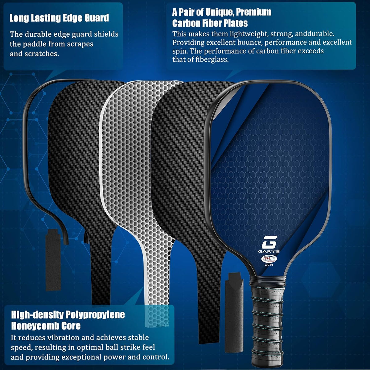 GARYE Juego de 2/4 palas de pickleball aprobadas por USAPA, juego de pickleball de fibra de carbono, raquetas ligeras de pickleball, paquete de 2/4 con 6 bolas, 1 bolsa, par de cintas de agarre