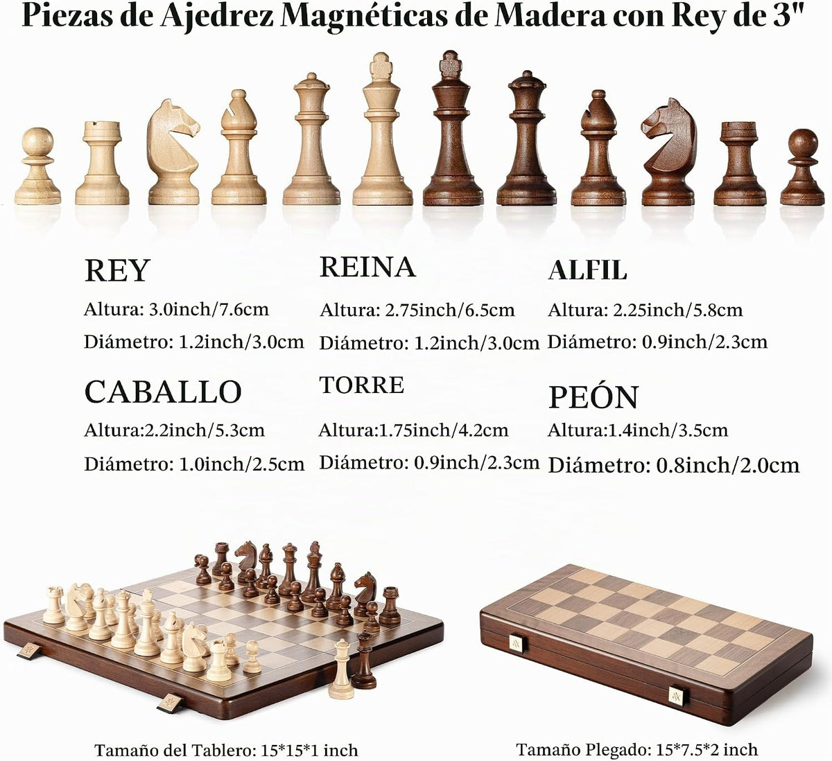 A&A - Caja de ajedrez y damas de madera plegable de 15 pulgadas