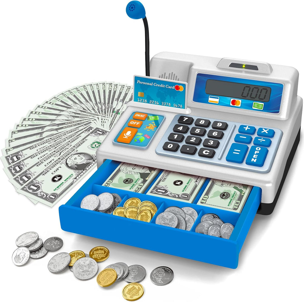 Bstoyder Calculadora de caja registradora de juguete de regalo para niños de 3, 4, 5, 6, 7, 8 años en adelante, 103 piezas de comestibles con micrófono, tarjeta de crédito, caja registradora para niños pequeños de 4 a 8 años