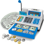 Bstoyder Calculadora de caja registradora de juguete de regalo para niños de 3, 4, 5, 6, 7, 8 años en adelante, 103 piezas de comestibles con micrófono, tarjeta de crédito, caja registradora para niños pequeños de 4 a 8 años