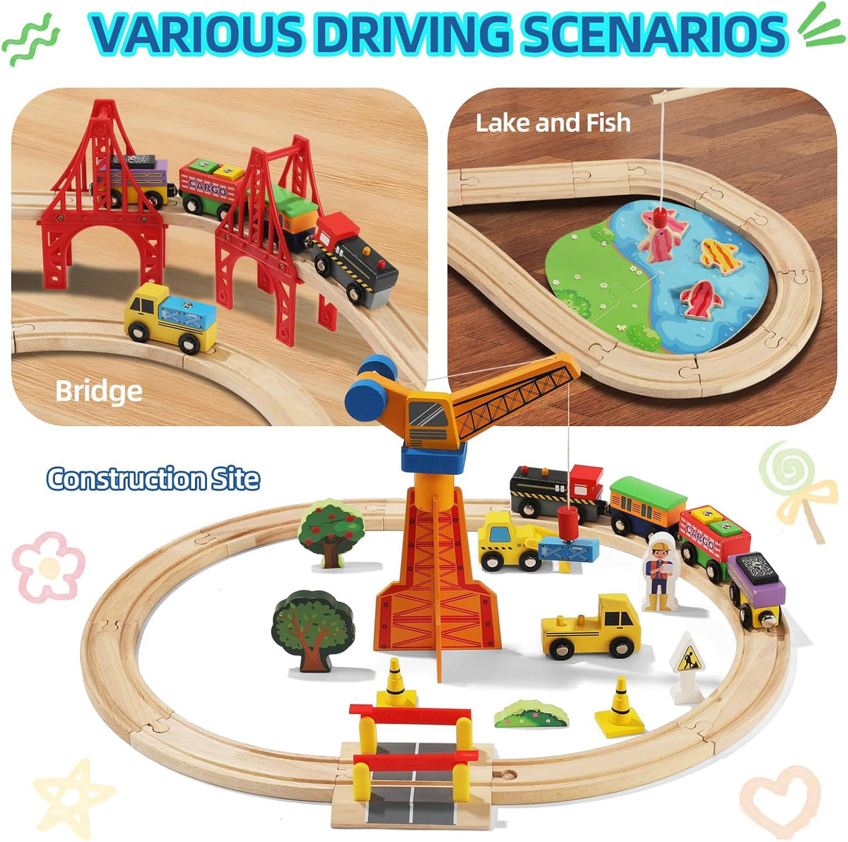 Juego de tren de madera de 120 piezas, tren de juguete con pistas para niños de 3 a 10 años, compatible con las principales marcas, juego de ferrocarril para niños y niñas