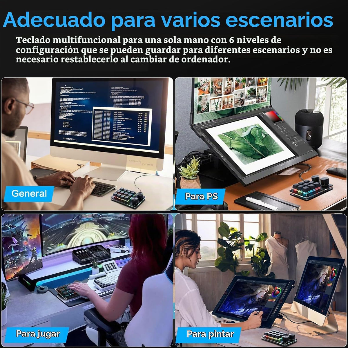 Koolertron Teclado programable macro, teclado mecánico programable con una mano, interruptor azul RGB intercambiable en caliente, 12 teclas 2 botones retroiluminado teclado para trabajar y jugar, negro