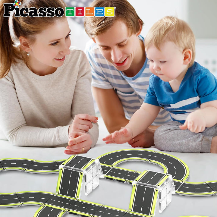 PicassoTiles Azulejos Magnéticos de Construcción Pista de Autos Veh...