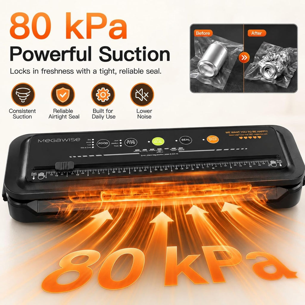 MEGAWISE Sellador al vacío 80kPa, sellador automático de alimentos con