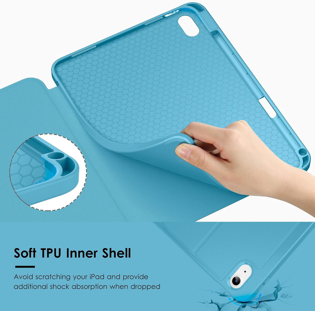 Funda para iPad (A16) de 11 pulgadas 2025 y iPad de 10ª/11ª generación de 10.9 pulgadas 2022, funda magnética con múltiples ángulos, parte trasera a prueba de golpes, soporte para lápiz y apagado y encendido automático, azul cielo