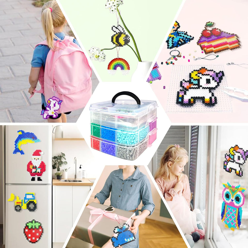 Kit de cuentas de fusibles para niños, 11000 cuentas fusibles, 20 colores de 0.197 in, kits de manualidades con caja de almacenamiento, tableros de clavijas y accesorios, juego de artes y manualidades para niñas y niños, regalos creativos de cumpleaños y