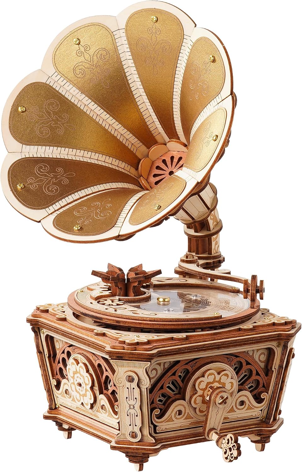 ROKR Rompecabezas 3D vintage de gramófono para adultos, caja de música de madera y kit de construcción de modelos mecánicos, manualidades para amantes de la música, regalo retro de decoración del