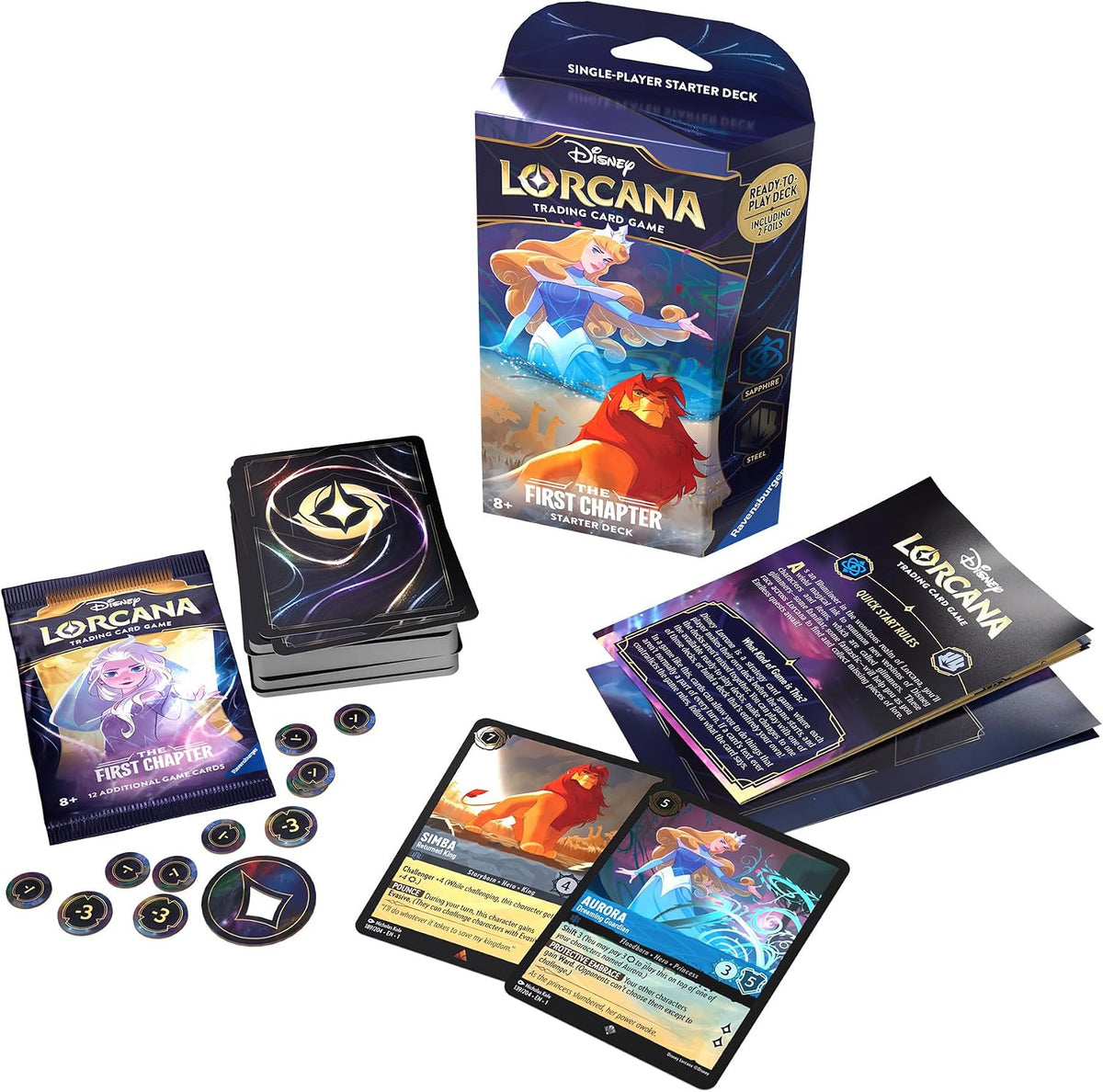 Ravensburger Disney Lorcana TCG: The First Chapter - Cubierta de inicio para un jugador de zafiro y acero | Juego atractivo | Más de 200 obras de arte originales de Disney | Ideal para mayores de 8 años