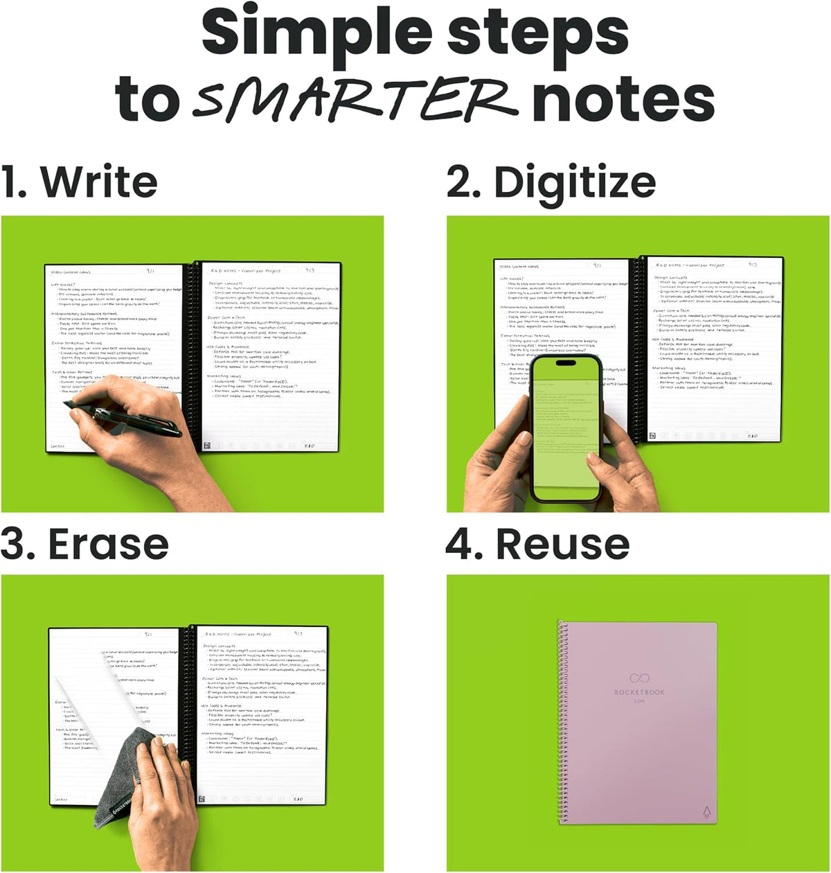 Rocketbook Core - Cuaderno inteligente reutilizable, tamaño ejecutivo, 6 x 8.8, rosa