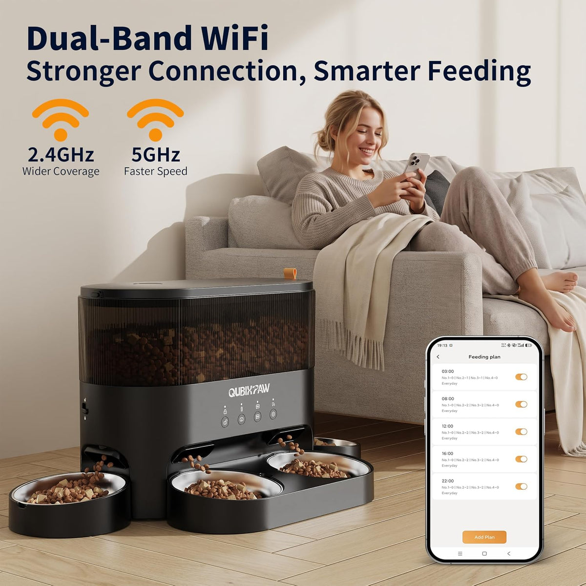 Comedero automático para gatos múltiples con 4 cuencos de acero