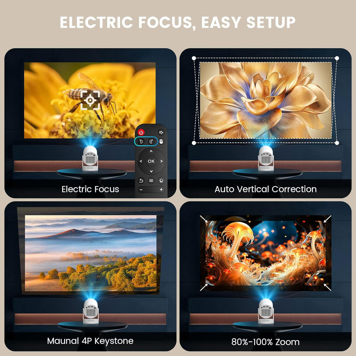 【Enfoque Eléctrico】Mini Proyector, Proyector 4K Soporte 1080P, Proy...