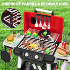 Juego de cocina para niños, juguetes de cocina para niños con parrilla de barbacoa y sonido de humo y luz, juguete de barbacoa de 2 capas con ruedas, juego de juguetes de cocina al aire libre para