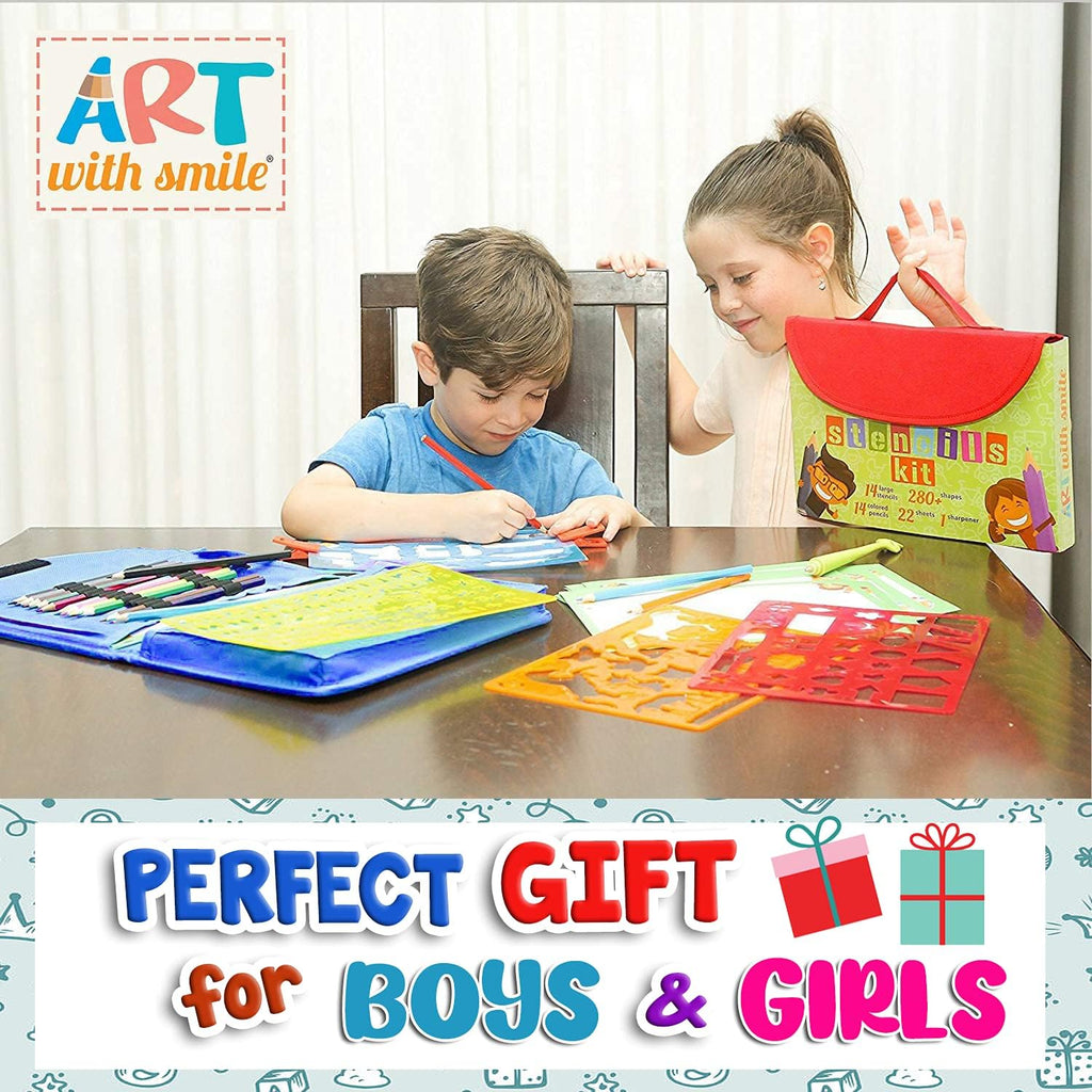 Juego de plantillas de dibujo para niños (55 piezas) – Artes y manualidades para niñas y niños – El mejor regalo para niños – Kit de creatividad ideal y actividad de viaje con más de 300 formas (azul)