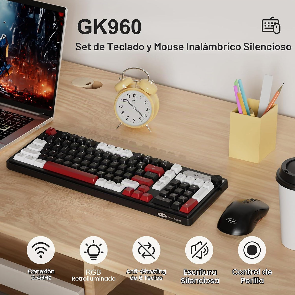 MageGee V990 Combo de teclado y mouse inalámbricos cremosos, 99 tec...