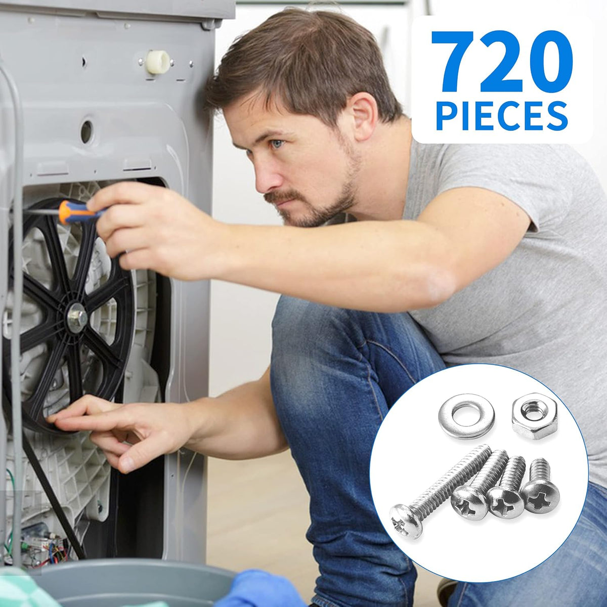 Kit surtido de tornillos de máquina de 720 piezas, #10-24#8-32#6-32#4-40 tornillos Phillips de cabeza plana con tuercas, pernos y arandelas planas surtidas, kit de tornillos de acero inoxidable con