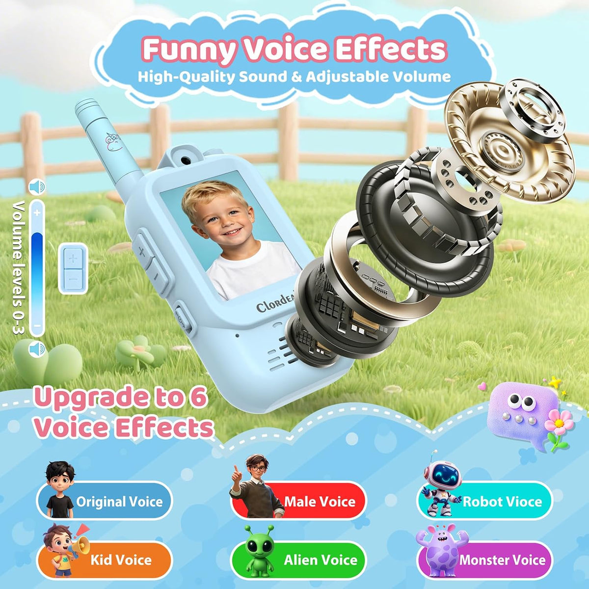 Walkie Talkies de video para niños con videollamadas cara a cara, cambiador de voz, cámara y almacenamiento de fotos, rango de 600 pies, juguete recargable para niños y niñas de 3 a 12 años