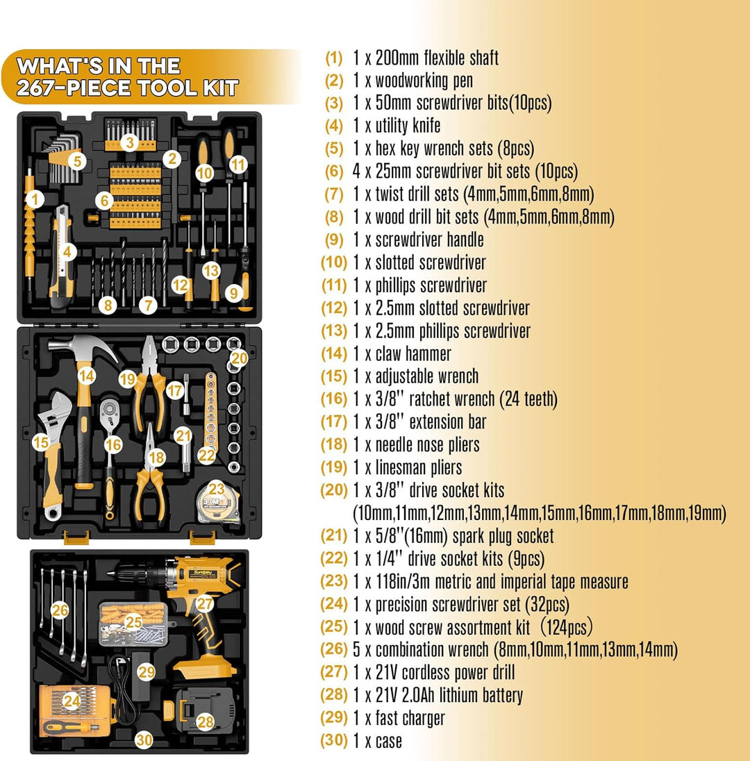Sundpey Kit de herramientas de 267 piezas con taladro - Juego de he...