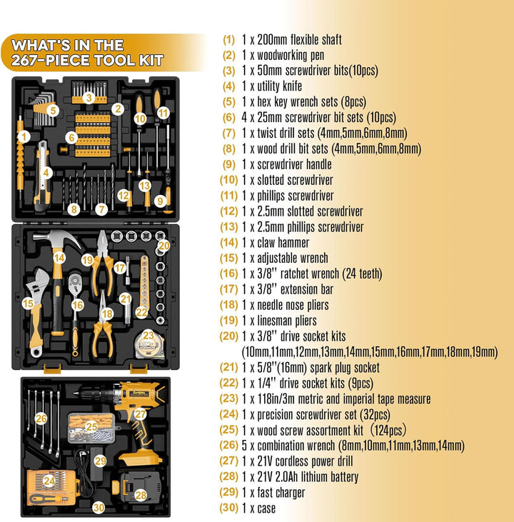 Sundpey Kit de herramientas de 267 piezas con taladro - Juego de he...