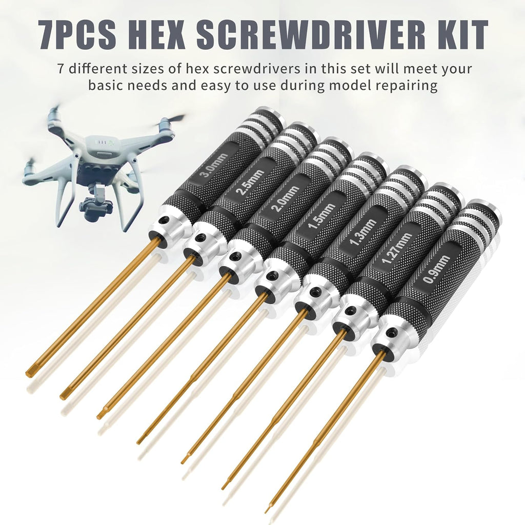 Juego de destornilladores hexagonales con revestimiento de titanio RC profesional, 7 piezas de precisión Allen hexagonal (0.035-0.118 in) para coche RC, dron, helicóptero, kit de herramientas