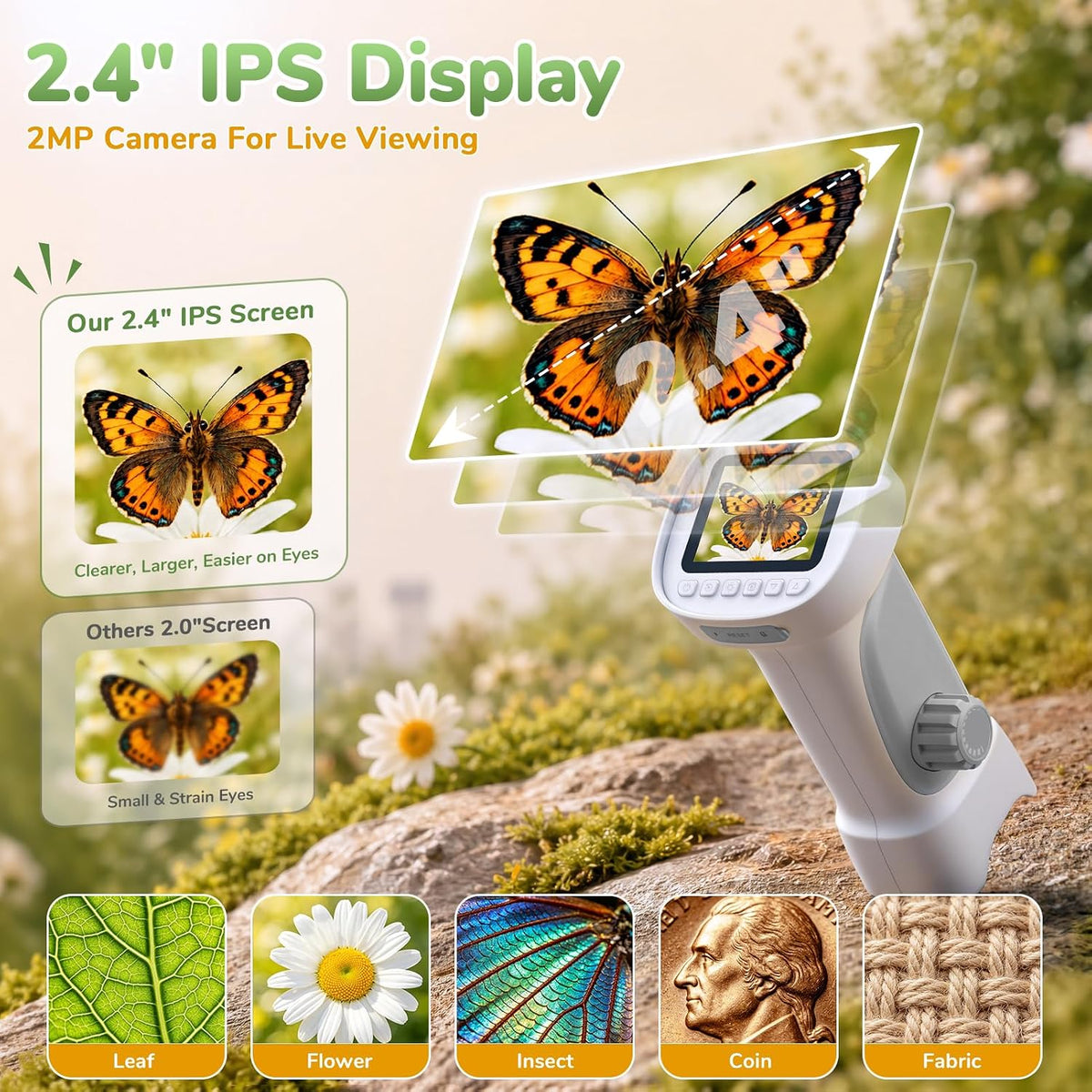 Microscopio digital de mano 1000X para niños con pantalla IPS de 2,4"