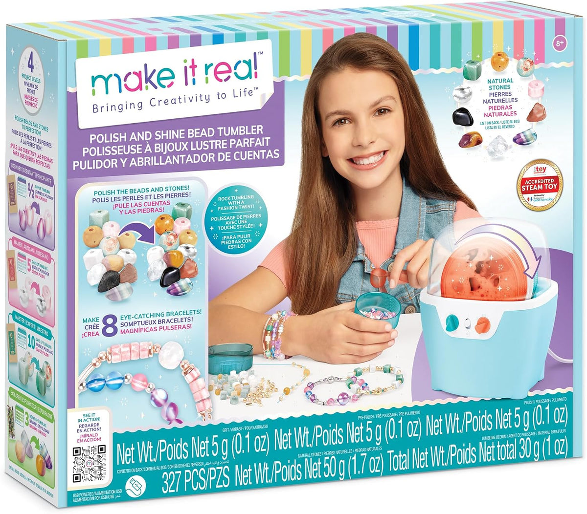 Make It Real: Kit Polish-Shine de vaso de roca y vaso de cuentas, manualidades de joyería de 327 piezas, pulidora de piedra natural, crea 8 pulseras de cuentas, preadolescentes y niñas de 8 años en adelante