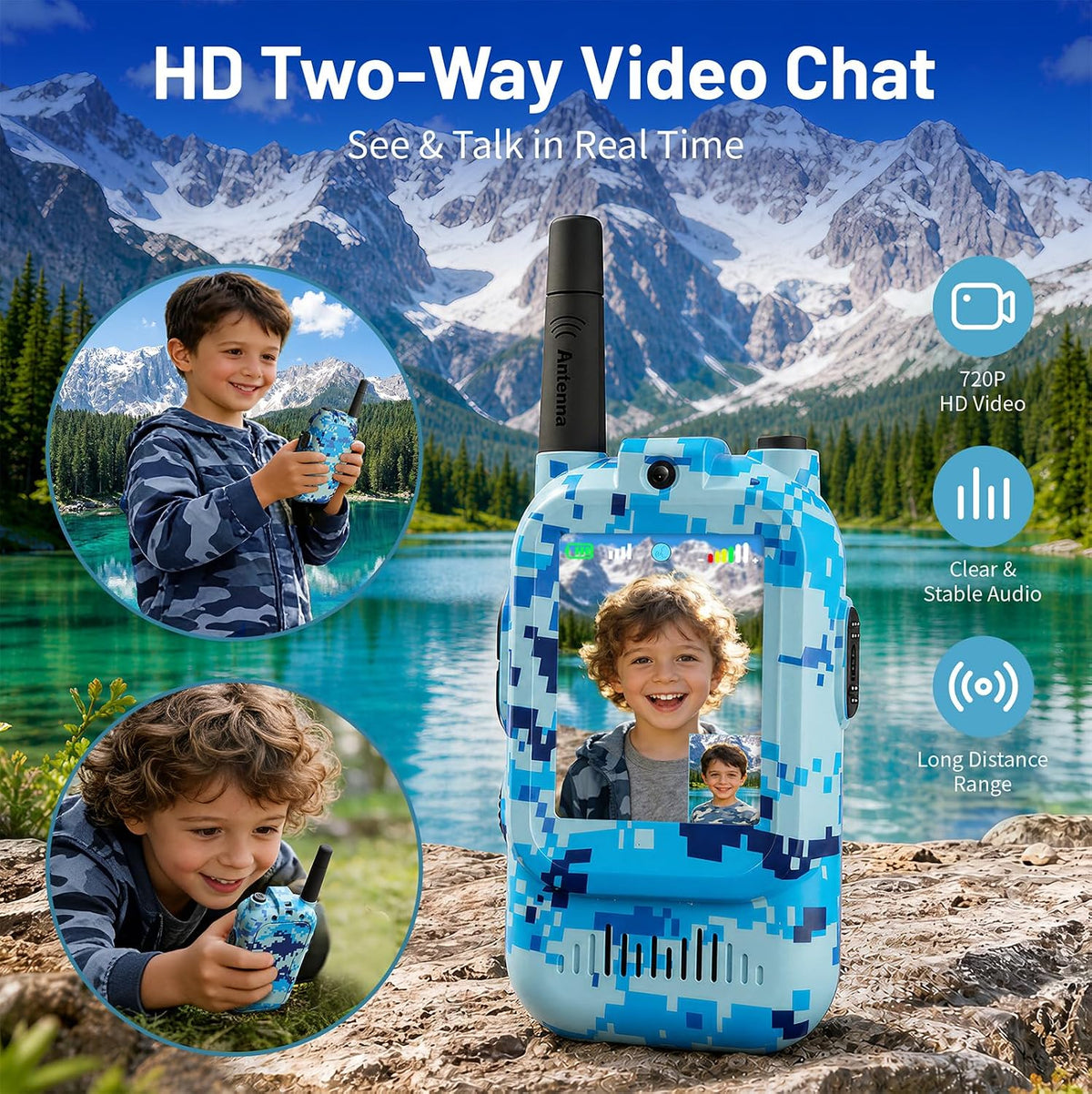 Walkie Talkie para niños con video: paquete de 2 juguetes recargables para niños pequeños con cámara HD y cambiador de voz, juguetes de regalo de largo alcance para niños y niñas de 3 a 8 años para