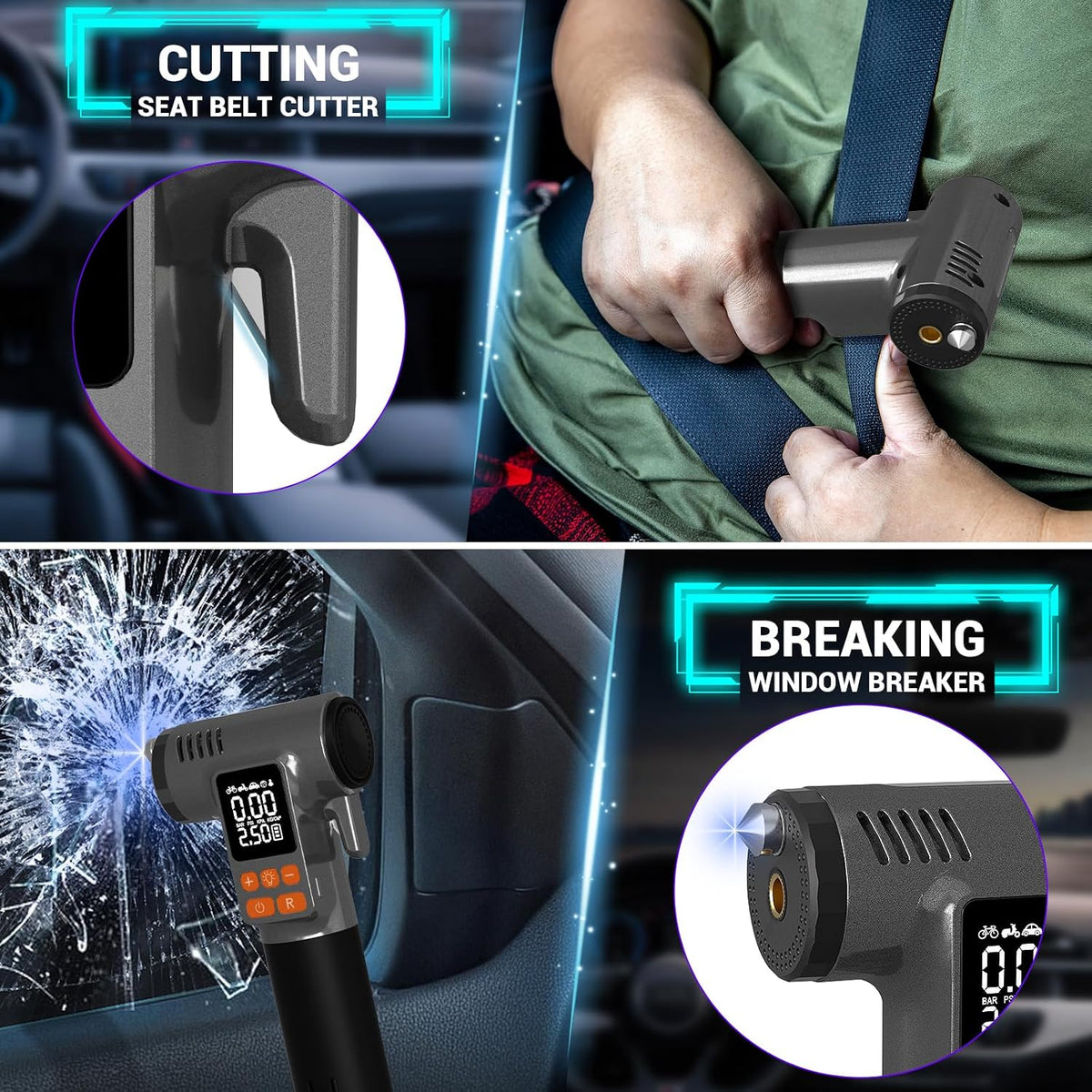 Inflador de Neumáticos para Coche con Rompeventanas y Cortador de C...