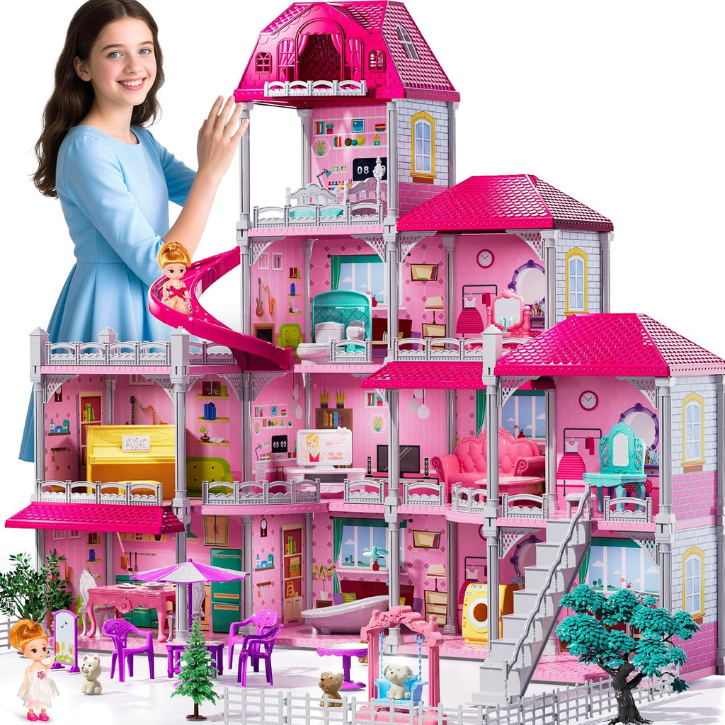 Villa de 4 Historias con 11 Habitaciones para Niñas de 3 a 8 Años - 11 Habitaciones, 2 Muñecas
