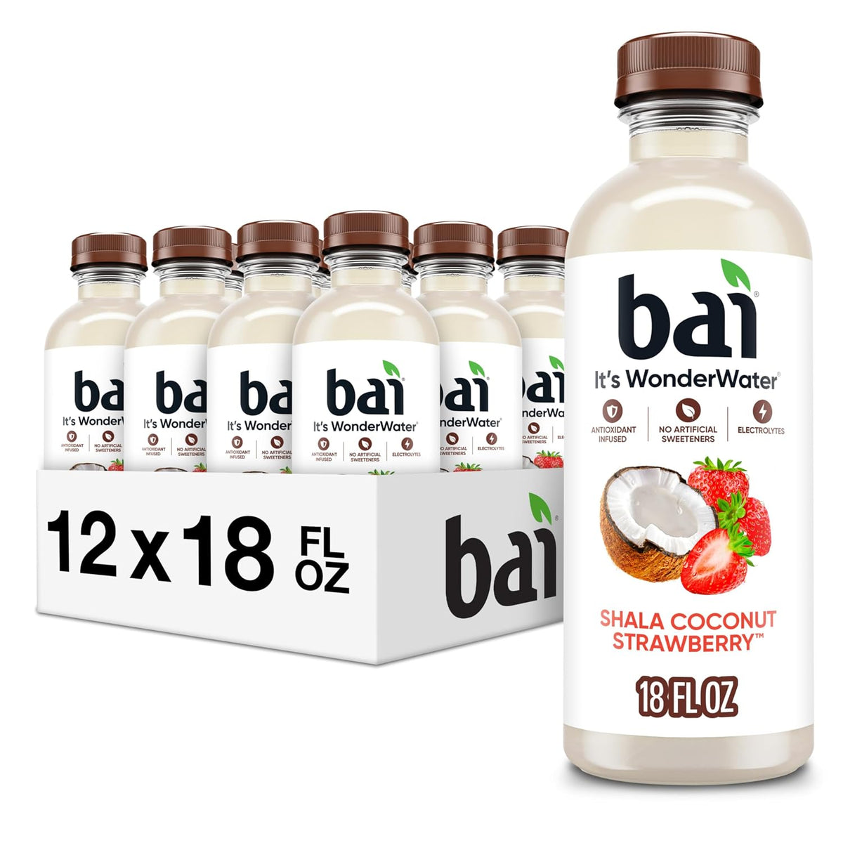 Bai Bebida de agua con infusión antioxidante, fresa de coco Shala, con vitamina C y sin edulcorantes artificiales, botella de 18 onzas líquidas, paquete de 12
