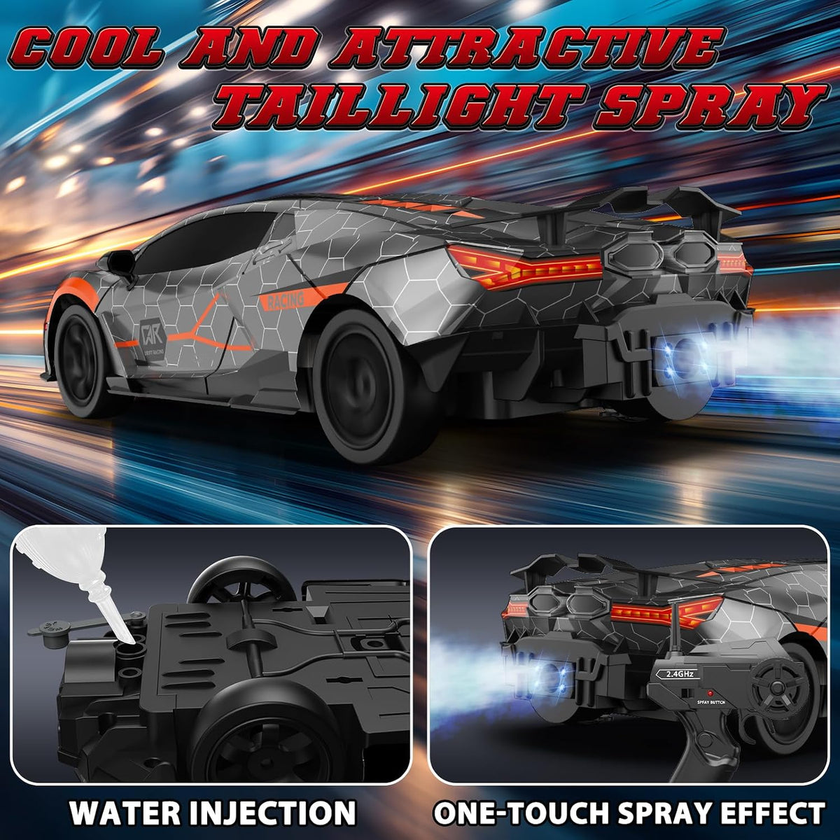 Coche de deriva a control remoto 1:16, 2.4 GHz, autos de control remoto de alta velocidad, 4WD, autos deportivos de carreras con luces LED, aerosol, neumáticos a la deriva, 2 baterías para niños, niñas, adultos, cumpleaños, Navidad