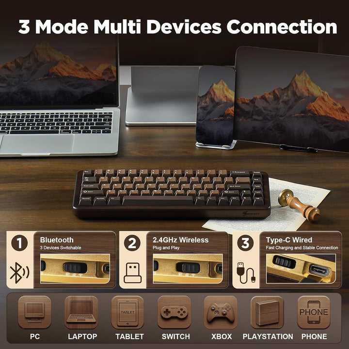 YUNZII WOOD68 Teclado mecánico inalámbrico, teclado de madera para...
