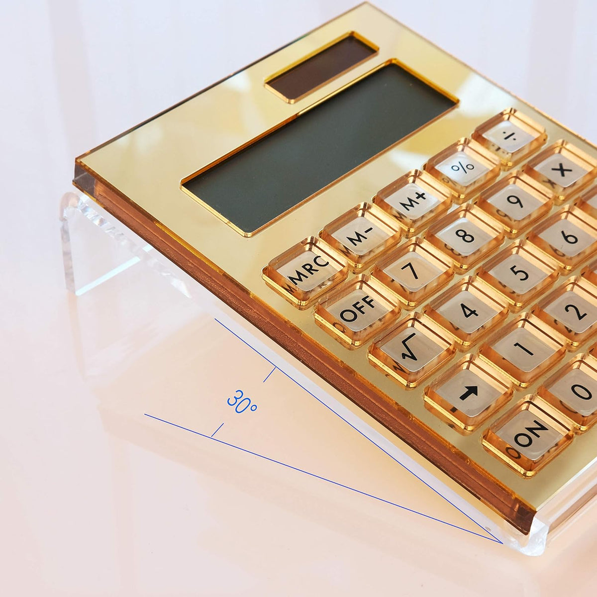 Calculadora acrílica con soporte, calculadora básica de 12 dígitos LCD de energía híbrida de batería y solar, accesorios de escritorio para el hogar y la oficina (dorado)