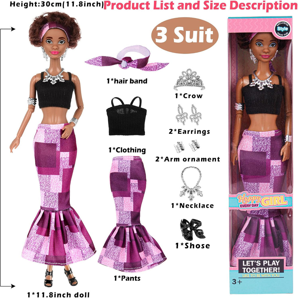 dollbie Juego de 6 muñecas de moda afroamericana con trajes para mezclar y combinar, muñecas negras posables de 11.5 pulgadas y 5 accesorios cada uno (corona, collar, pañuelo y más) + estuche de