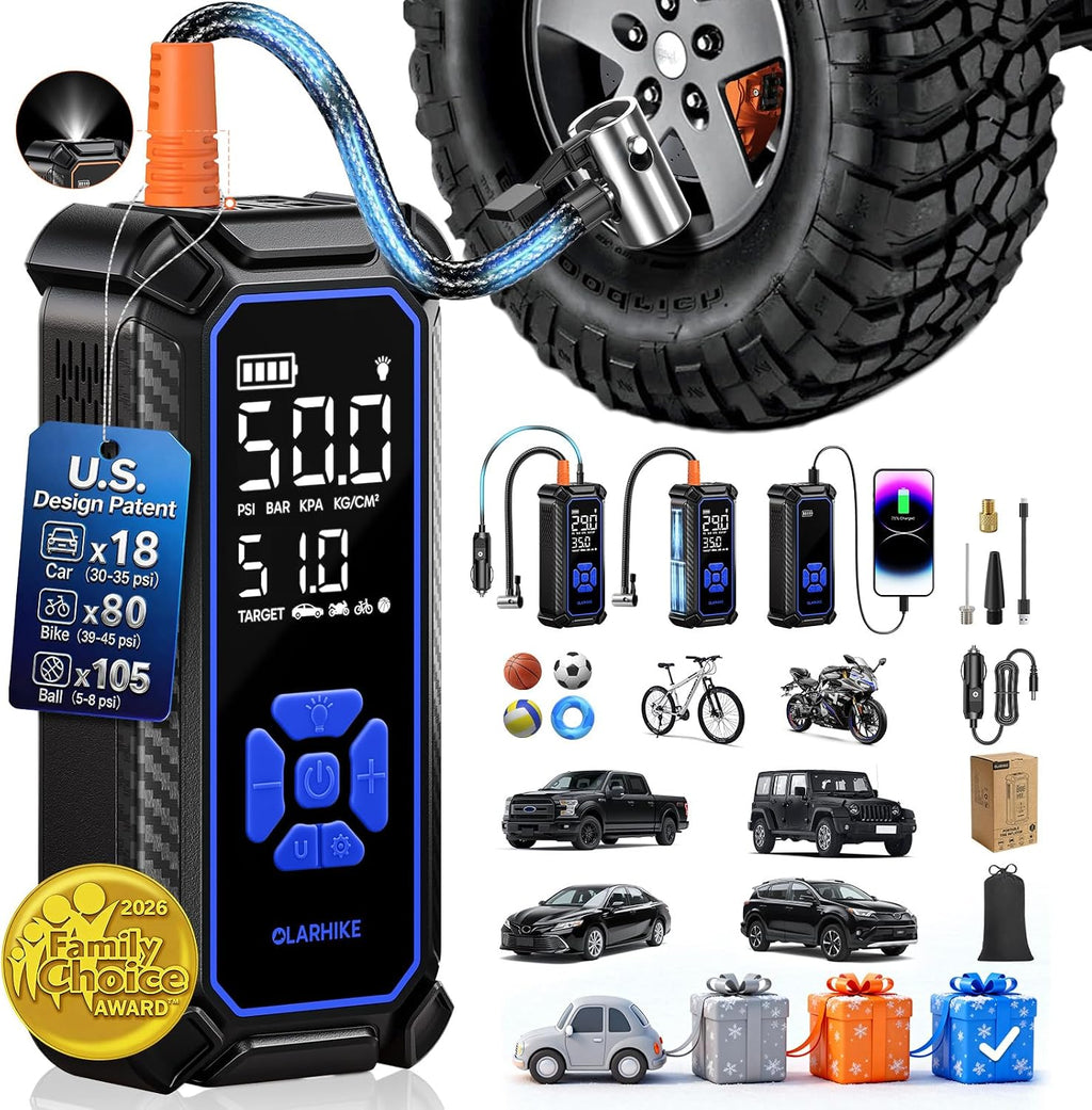OlarHike Inflador de neumáticos Portátil Compresor de aire, Alimentación Dual - 3*2000mAh y 12V DC