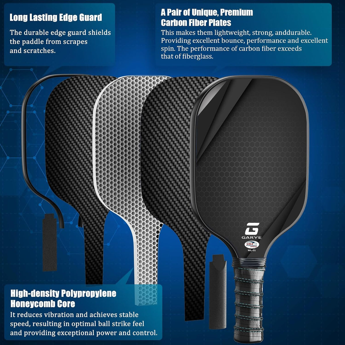 GARYE Juego de 2/4 palas de pickleball aprobadas por USAPA, juego de pickleball de fibra de carbono, raquetas ligeras de pickleball, paquete de 2/4 con 6 bolas, 1 bolsa, par de cintas de agarre